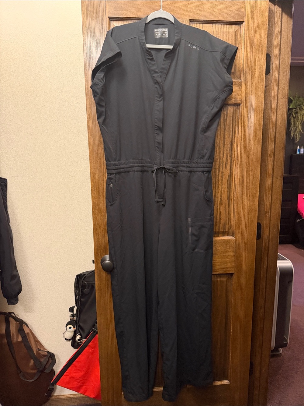 Women's Black Utility Jumpsuit with Drawstring Waist Scrubs